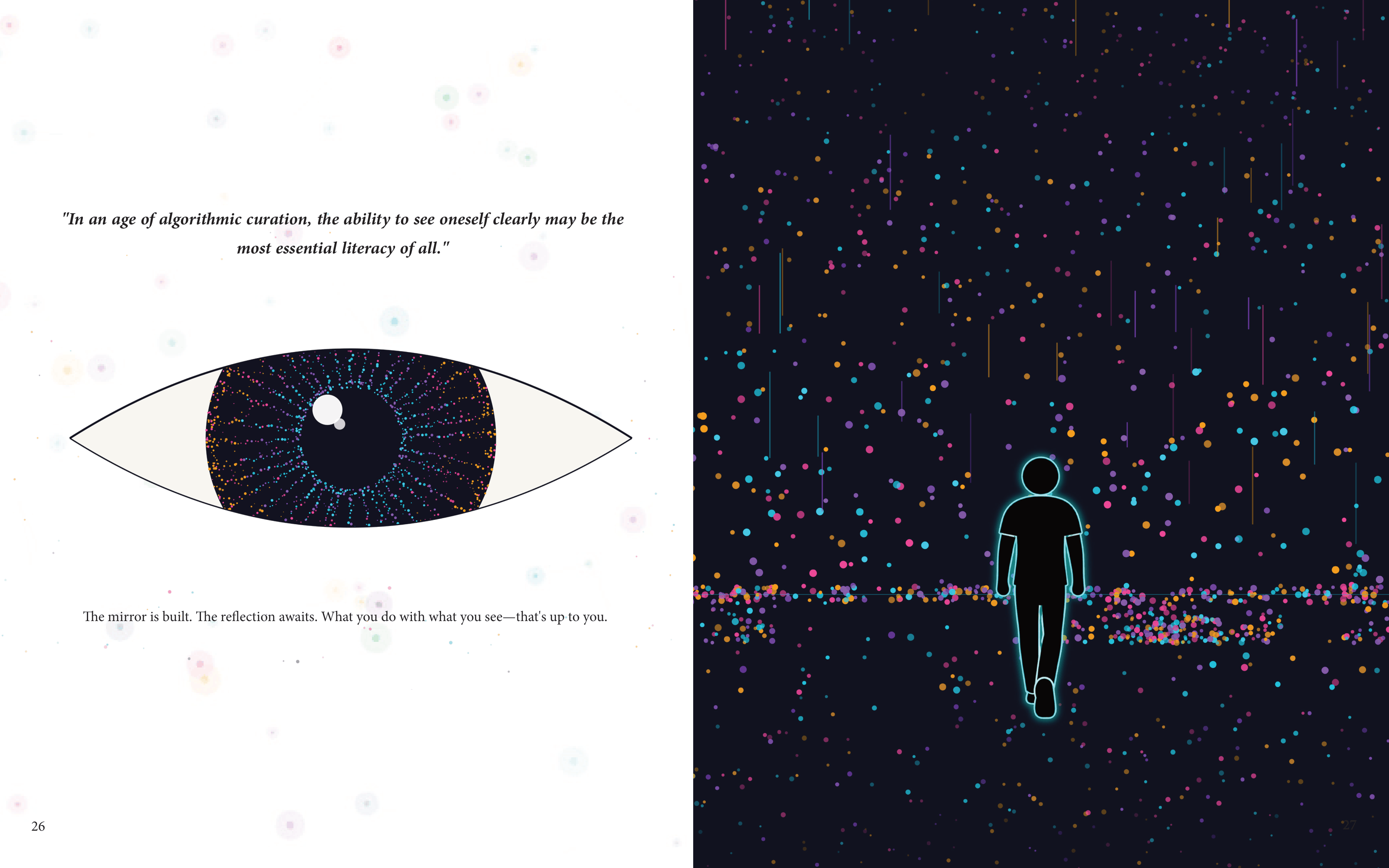 Closing eye and walking figure spread